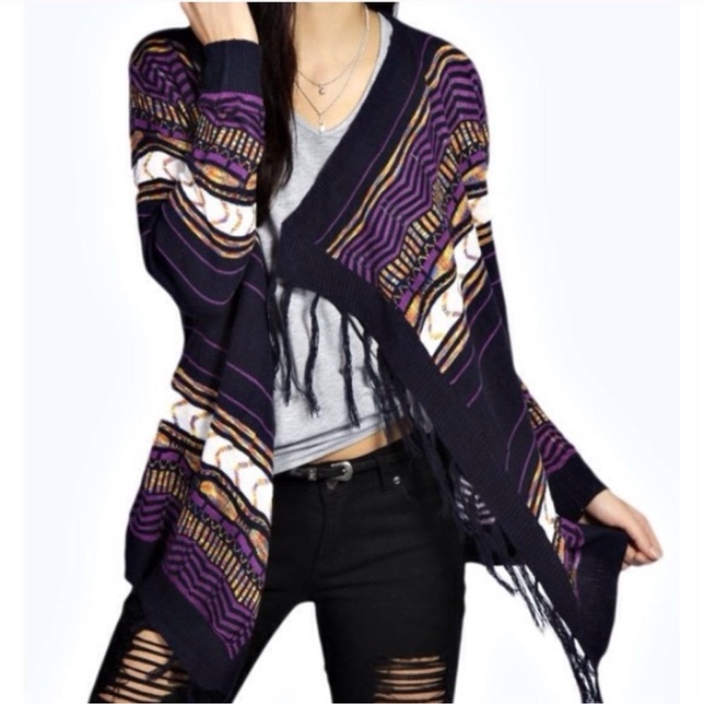 Women’s Purple Patterned Fringe Open Cardigan Sweater NWT